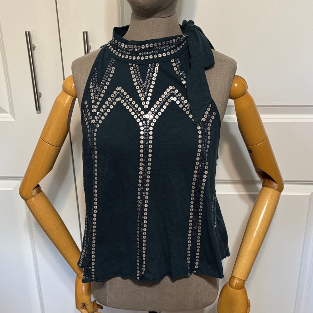 Free People Teal Halter Tank Top with Silver Sequins